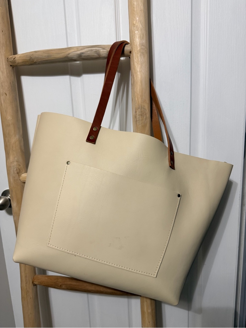 Portland Leather OS Bone Tote Bag with Brown Handles - Classic Everyday Carry